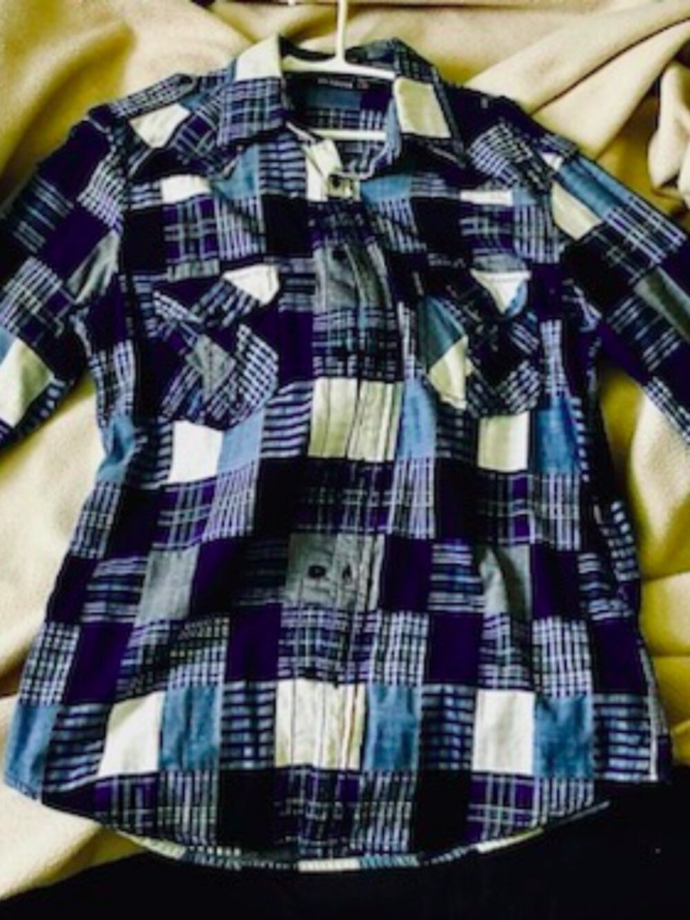 Lee Cooper Plaid Patchwork Flannel Shirt Mens Medium Blue Check Button Down Y2K